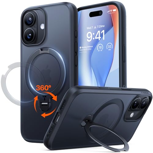 TORRAS Ostand Q3 Spin for iPhone 17 Case 360 Rotating Ring Stand Camera Button Guard 12FT Drop Protection Compatible with MagSafe for iPhone 17 Cover Black