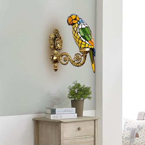 Image of Parrot Tiffany Wall Sconce Handmade Stained Glass with LED Bulb | Handmade parrot stained glass Tiffany wall sconce, vintage style, 1 light, LED bulb for living room bedroom hallway