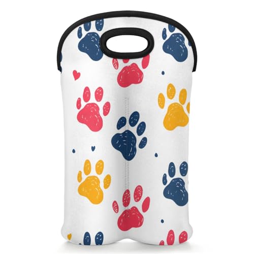 GzLeyigou 2 Bottles Colorful Paw Wine Bag Sleeve Totes Neoprene Protective Wine Carrier Bag for Wine,Water, Champagne, Beer, Baby Bottles,Gift 14.5 x 10 Inches