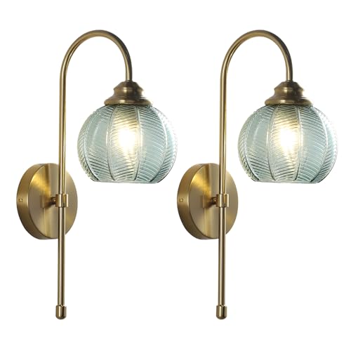 Image of KCO Lighting Brushed Gold Wall Sconce Light Set of 2 Vintage Green Glass Wall Sconce Modern Globe Bathroom Vanity Light Fixture for Stair Corner Hallway