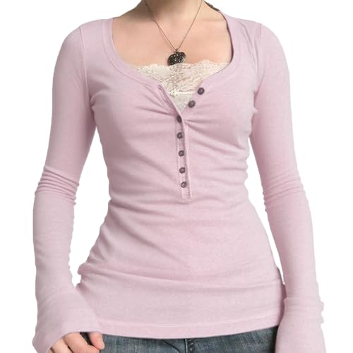 Women Y2k Fairy Grunge Tops Long Sleeve Lace Trim V Neck Shirt Vintage Aesthetic Button Up Top Teen Girls Fitted Blouse (Cute Pink, S)