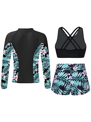 Linjinx Kids Girls 3-Piece Long Sleeve Rash Guard Sets Floral Tankini Bikini with UPF 50+ Zip Rushguard Shirt Swimwear2