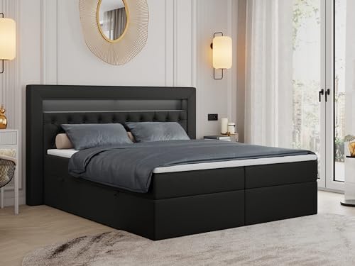 MKS MEBLE Boxspringbett 200x200 mit Led Schwarz Kunstleder, Bett 200x200 mit LED Kopfteil, Multipocket Matratze H3, Doppelbett mit Bettkasten Stauraumbett - Gold-6 - Schwarz Kunstleder MKS MEBLE Boxspringbett 200x200 mit Led Schwarz Kunstleder, Bett 200x200 mit LED Kopfteil, Multipocket Matratze H3, Doppelbett mit Bettkasten Stauraumbett - Gold-6 - Schwarz Kunstleder