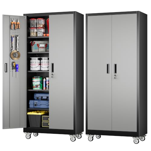 Image of Aobabo Metal Garage Cabinet with Wheels, 34 inch W x 18 inch D x 71 inch H,Gray