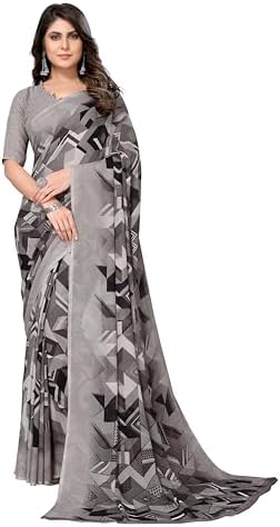 Yashika Women's Trendy Printed Georgette Red Color Saree with Blouse Material