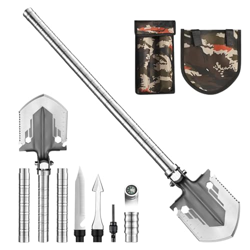 Pala plegable de camping, pala de supervivencia estilo multiherramienta con brújula, pala portátil de acero inoxidable para senderismo, camping, jardinería, emergencia (B)