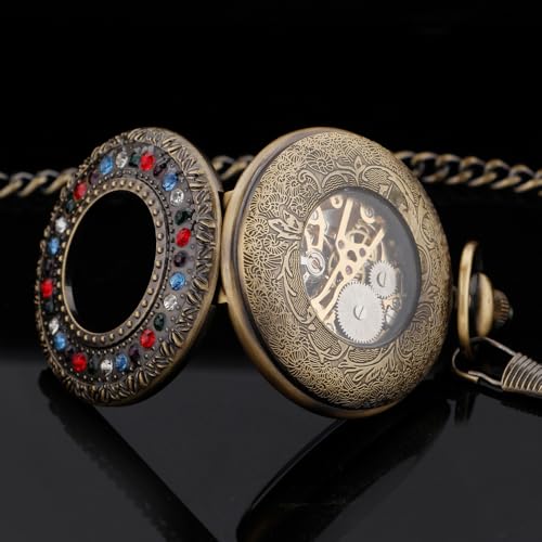 Image of Half Hunter Hand Wind Up Mechanical Pocket Watch Vintage Roman Numerals Skeleton Watches with Chain&Box