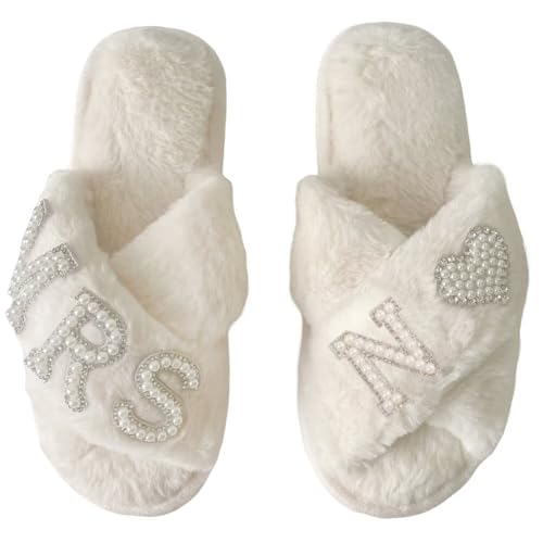 MRS Bride Slippers for Wedding White Bridal Slippers with Initial Pearl Cross Band Open Toe Shoes for Bride to Be and Bachelorette Gifts