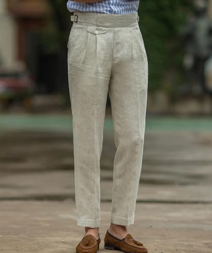 Ceehuteey Men's Linen High Waisted Trousers Comfortable Lightweight Summer Trousers Adjustable Waist Cotton Straight2