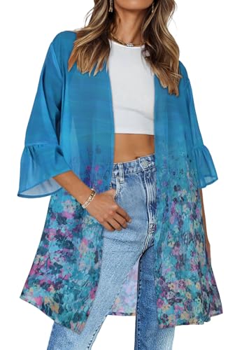Cardigan kimono pour femme en mousseline de soie florale ample ouvert sur le devant, Fleurs bleues et vertes, Taille 3XL