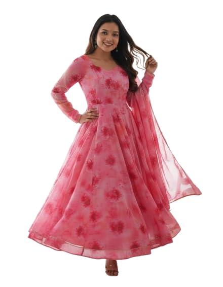 Women Pink Floral Anarkali Gown with Dupatta | Georgette Long Flared Kurti Dress | Full Sleeves Round Neck Ethnic Wear for Wedding Party Festive-picture-49