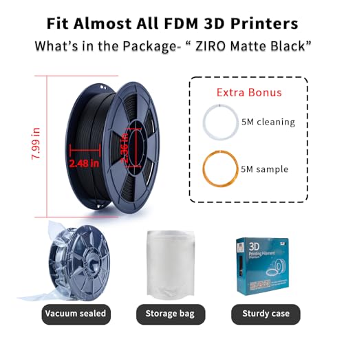 Image of ZIRO High Toughness 3D Printing PLA, Matte 1kg 1.75mm Spool, Black | Fit for Most FDM 3D Printer, 1.75mm 1KG Spool, Dimensional Accuracy + /-0.03mm, Colorful PLA FilamenT
