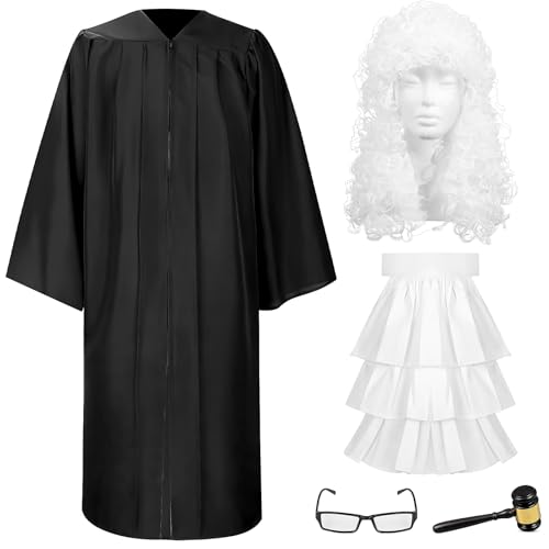 Xaztr Costume de Juge Adulte 5 Pièces, Déguisement Juge avec Robe de Juge Noire, Perruque Blanche, Jabot, Lunettes et Marteau, Kit Cosplay Tribunal pour...