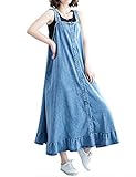 Gihuo Women's Denim Jean Overall Dress Pinafore Ruffle Maxi Dress (Blue, X-Large)