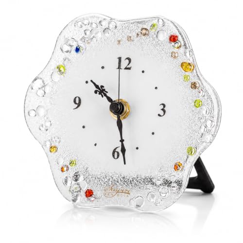 Sospiri Venezia Orologio da Tavolo Vetro Murano Meccanismo Silenzioso Decorato a Mano Soprammobile Casa -Idea Regalo Cerimonia Bomboniera con Scatola Elegante (14x14 cm Fiore)
