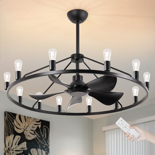 KINGTORO 44 inch Black Chandelier Ceiling Fans with Lights, 6 Speeds Large Wagon Wheel Chandeliers, Farmhouse Fandelier with Remote for Living Room(12xE26 Base)