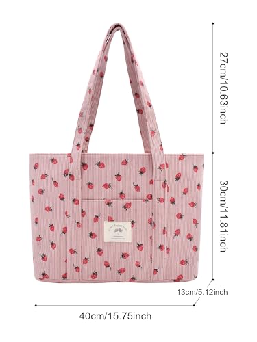 Image of TeeYee Women's Large Corduroy Tote Bag Zippered Shoulder Bag with Pockets | Strawberry Print Bag,Fits 15.6 inch Laptop,Wide Shoulder Straps,Large Capacity,Everyday Tote Bag,Multiple Pockets Design