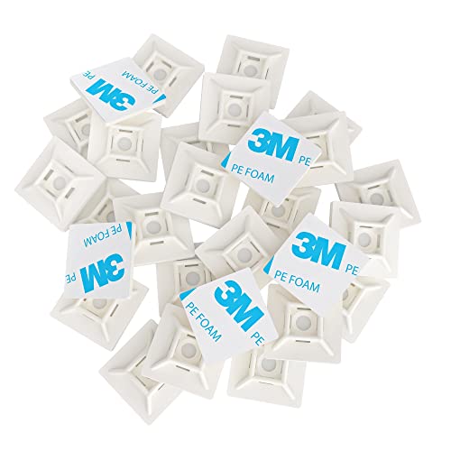 intervisio 100 Pièces Embases Adhesive pour Attache de Cable, 28mm x 28 mm, Blanc, Serre-Câbles Auto Adhésif, Support de Serre Câble Plastique, Embase pour Collier...