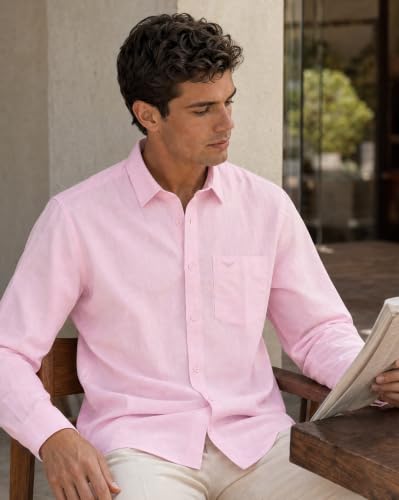Image of Nobero Breezy Premium Linen Cotton Shirt for Men | Stylish Casual Shirts for Men | Semi Cut Collar | Box Pleat | Curved Hem | Regular Fit | Full Sleeve | S-XXXL