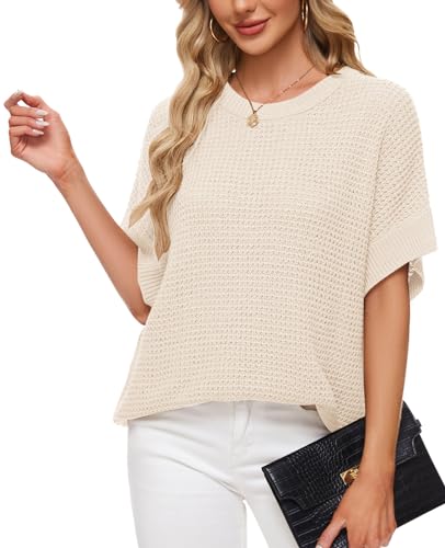 Image of MINTLIMIT Womens Batwing Short Sleeve Sweaters Loose Oversized Waffle Knit Pullover Sweater Top