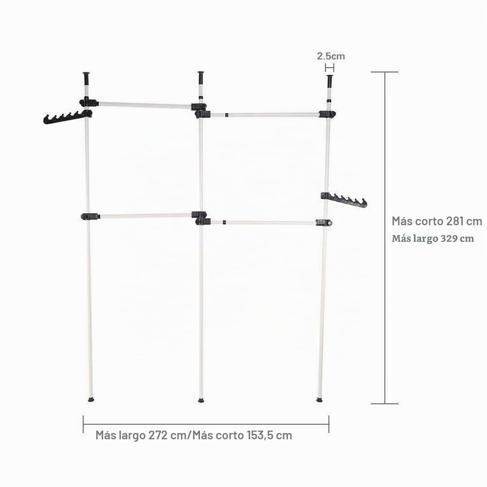 Perchero telescópico con 3 barras verticales y 4 horizontales para colgar la ropa, altura ajustable de 160 a 320 cm, incluye un gancho accesorio de 105 cm