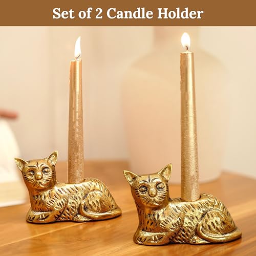 Image of BEHOMA Aluminium Cat Candle Holder Statue Set of 2 | Antique Gold Decorative Figurine for Home Decor, Table, Living Room | Best Gift Item for Anniversary, Wedding, House Warming, Return Gift