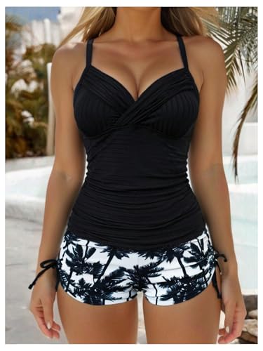 Verdusa Women's 2 Piece Tropical Print Tankini Set Bow Criss Cross Wrap Ruched Drawstring Swimsuit3