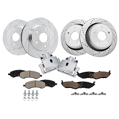 Detroit Axle - Brake Kit For 5 Lug 2007-2009 Chrysler Aspen Dodge Durango, 2006-2018 Dodge Ram 1500 Front & Rear Drilled & Slotted Brake Rotors Ceramic Brakes Pads Rear Brake Calipers Replacement #TOP14