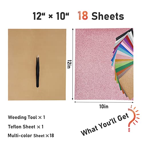 Bonnyhtv Glitter Htv Heat Transfer Vinyl, 12" X 10" Bundle 18 Sheets Glitter Iron On Vinyl For Cricut & Silhouette Cameo, Glitter Vinyl For Diy Shirts, Halloween, Christmas Gifts (Assorted 18 Colors) #TOP2