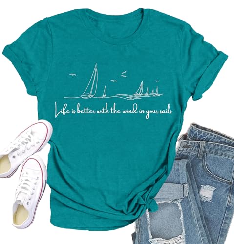 Qskall Womens Sail Shirt Sails Lover Gift T-Shirts Sailing Life Tee Tops Cyan