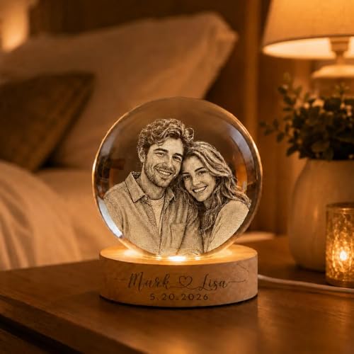 Image of Evamall Personalized 3D Crystal Globe Lamp, Custom Engraved Photo Text LED Night Light, Anniversary Birthday Keepsake, Unique Home Decor Table Lamp