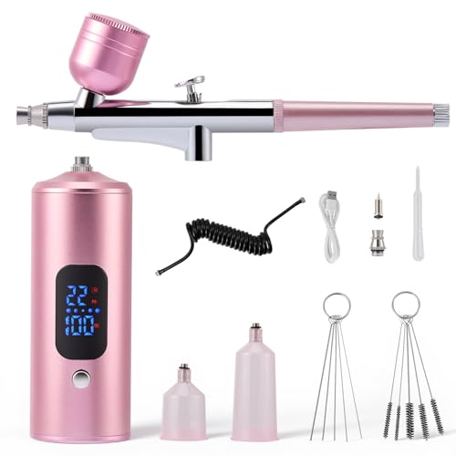 Kit aerógrafo con compresor, totalmente inalámbrico con batería, aerógrafo de 3 niveles hasta 38 PSI para tartas, uñas, modelismo y pintura corporal (Rosa)