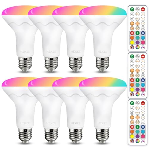 HEKEE BR30 LED Recessed Can Light Bulbs, Remote Control Color Changing, 5 CCT 9 RGB Colors 3 Dynamic Modes, E26 Base 10W (75W Equiv.) CRI 90, Fits 5'/6' Indoor Cans Only, Timer Function, 8 Pack