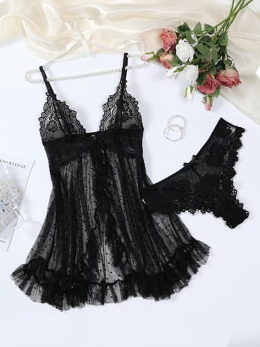 Image of Foxiny Sexy Open Front V Neck Ruffle Sheer Mesh Lace Wireless Babydoll Lingerie Dress with Thong 2 Piece