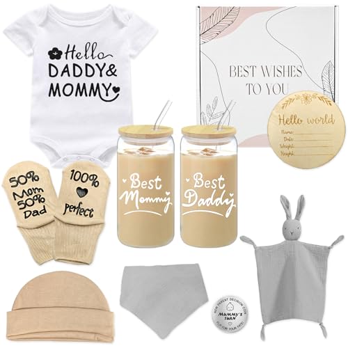 Image of New Parents Gifts Set for Women,11Pcs Pregnancy Gifts Basket for New Mom and Dad with Glass Cups,Unique Gender Reveal Gift,First Time Mom Essentials,Baby Shower Gift Set