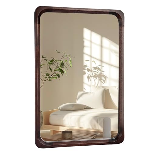 Tanmicoshomy Wood Bathroom Mirror 24 x 36 Inch, Solid Wood Framed Rectangle Mirrors with Tempered Glass for Living Room Bedroom Office or Entryway(Dark Brown)