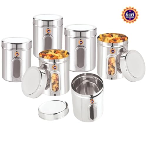 Image of Suvi 2kg Set of 6pcs Stainless Steel Kitchen Containers with See Through Window | Food Storage Dabba | Steel Containers Set | Silver Mirror Finish | Food Grains Capacity - 2kg Approx (2500ml-6pcs)