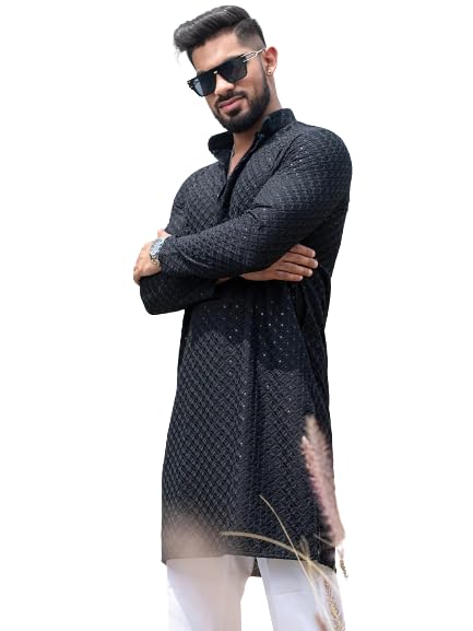 Image of Men's Floral Embroidered Cotton Rich Traditional and Lakhnavi Ethnic Wear Straight Partywear Kurta Set Pack Of 01.