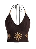 Verdusa Women's Going Out Tops Y2k Gothic Clothes Crochet Halter Top Western Boho Rave Cowgirl Outfits Chocolate Brown Small