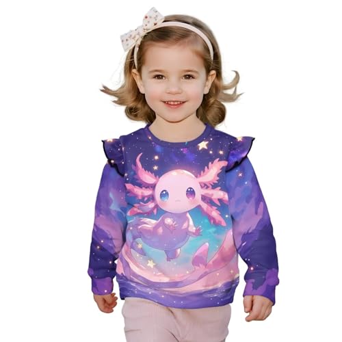 Xhuibop Galaxy Axolotl Toddler Clothes for Girls 4T 5T Fashion Graphic Tees Soft & Comfy Fall Sweatshirts for Kids Outdoor Travel School Outfits Ruffle Sleeve Design