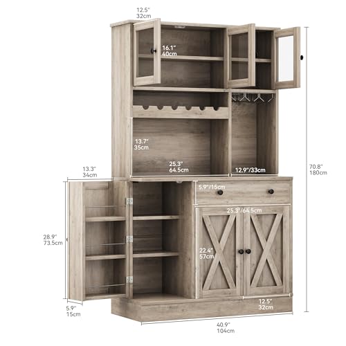 DWVO 71''H Kitchen Pantry Cabinet with Drawer, Doors, Goblet Holder, Wine Rack for Storage, Pantry Cabinet with Power Outlet for Kitchen & Living Room (Grey Oak)