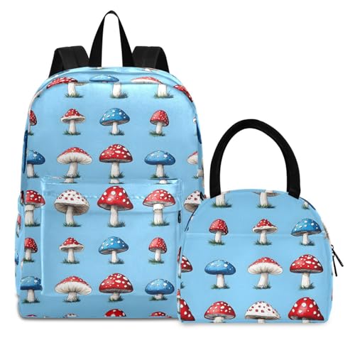 Backpack Lunch Bag Set Anime Mushrooms Print, Big Storage Travel Backpacks with Insulated Lunch Box for Office Hiking Picnic
