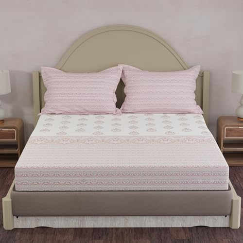 Image of Layers 100% Cotton King Size Bedsheet Set | Pink Ethnic Print | 120 TC Forever Collection | Soft & Breathable | Washable Bedsheet with 2 Pillow Covers | All Season