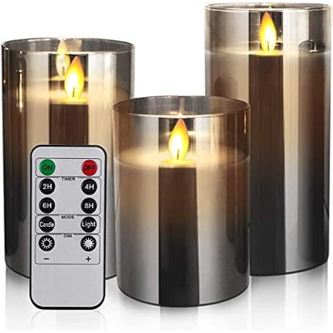 YMing LED Candles Flameless Candles 4"5"6" Set of 3 Real Wax Light, Battery Operated Candles Gray Glass Pillars Realistic Flickering Wick Flame Mode, Lantern Candles with Remote Control 24 Hour Timer Cover