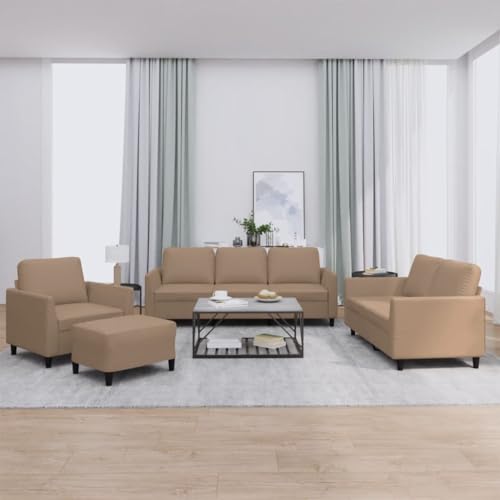 vidaXL Sofagarnitur 4-TLG., Sessel Couch mit Kissen Fußhocker, Sofa Wohnzimmersofa mit Armlehnen, Couchgarnitur Designsofa Sitzmöbel Polstermöbel, Cappuccino-Braun Kunstleder – Bild 3