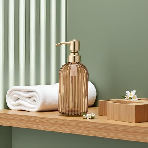Image of Avola 16 Oz Amber Glass Soap Dispenser,Stainless Steel Brushed Gold Pump Vertical Stripes Design for Bathroom Hand Soap & Kitchen Dish Soap,Brown Liquid Soap Dispenser for Countertops