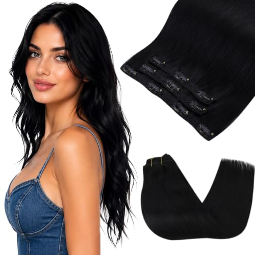 Image of Sunny Hair Clip in Hair Extensions Real Human Hair Jet Black 16 Inch | Remy Human Hair Clip in Extensions for Women, Heat Styling Friendly, Lightweight Natural Blend for Everyday Wear 85g