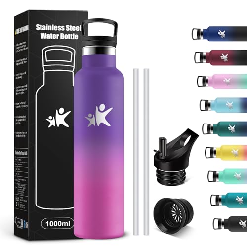 KollyKolla Botella Agua Termica 1L, Cantimplora con Pajita y Filtro, Fácil de Limpiar, sin BPA, Botella Agua Prueba de Fugas, Termo para Oficina, Senderismo, Adultos, Bicicleta, Colegio, Camping