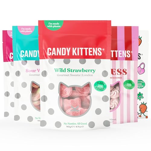 Candy Kittens Vegan Sweets Core Selection (5 x 140 g), confezione di caramelle gommose vegane – Fragola selvatica, anguria acida, ciliegia, Eton Mess & Loves, regalo ideale, 5 sacchetti
