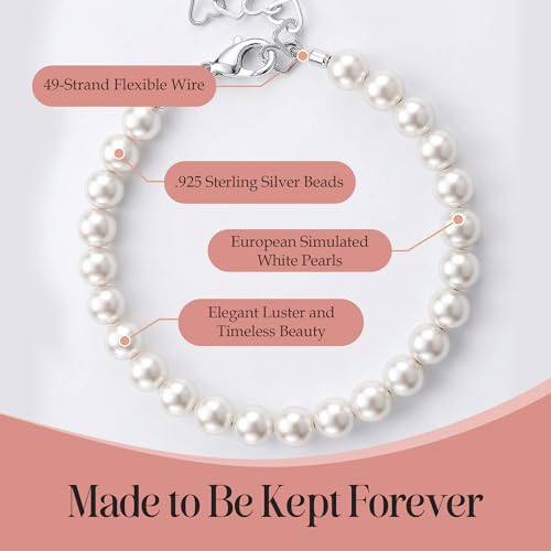 Image of Delicate Sterling Silver Bracelets for Girls | High-End European Simulated Pearls | Elegant Girls Jewelry | Pearl Bracelet for Birthday Gifts, Flower Girls | Her First Set of Pearls or Special Days